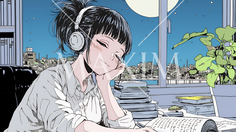 資料（本）を読みながら、うとうと眠ってしまう若い女性