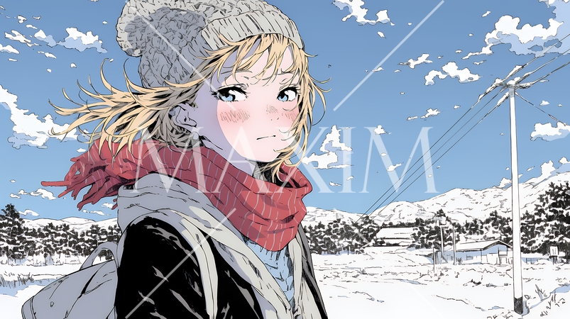 雪の積もる田舎道を歩いている若い女性