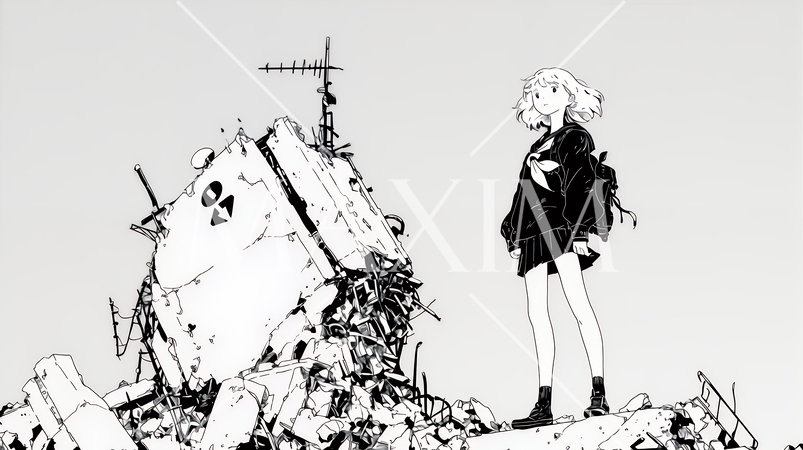 震災や空爆などで破壊された街で孤独に立ちすくむ若い女性（シンプルな色合い）