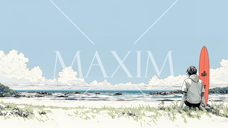 サーフボードを持ち海を見つめる若い男性｜ビーチ・リゾート・ライフスタイル・アウトドア