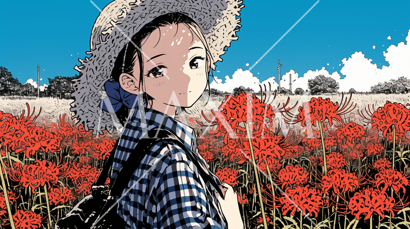 彼岸花がたくさん咲く小道を歩く若い女性