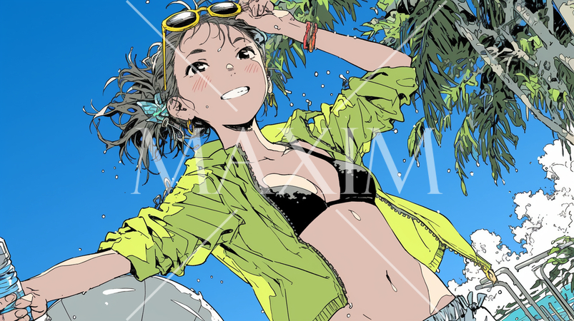 南国の海岸にビキニ姿でいる若い女性