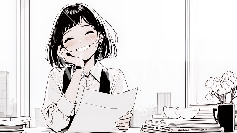 書類を確認するビジネスウーマン（シンプルな色使い）