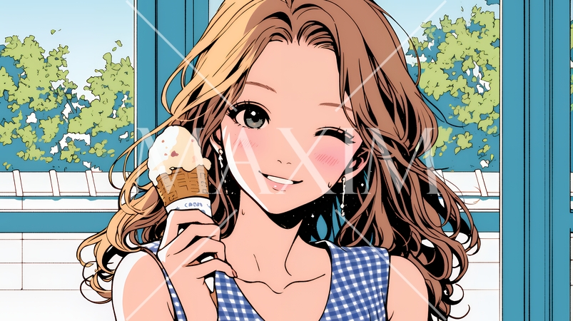 夏空の下でソフトクリーム（コーンに乗ったアイスクリーム）をたべる若い女性