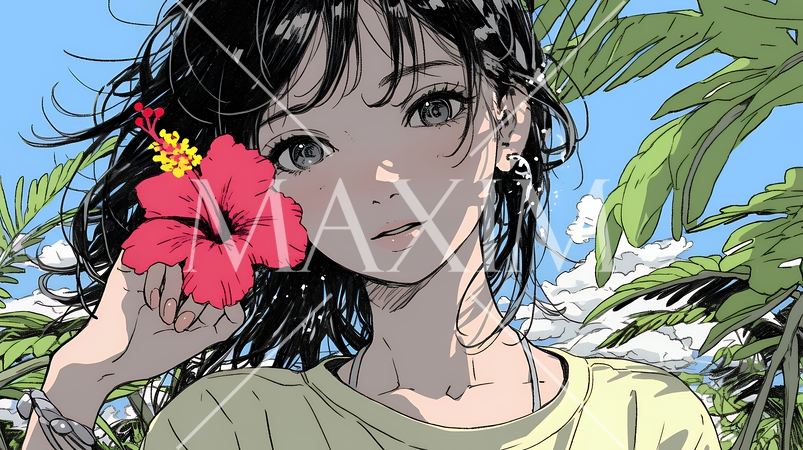 ハイビスカスと若い女性