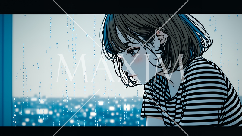 思案・反省・諦め? 窓から流れ落ちる雨粒を見つめる若い女性