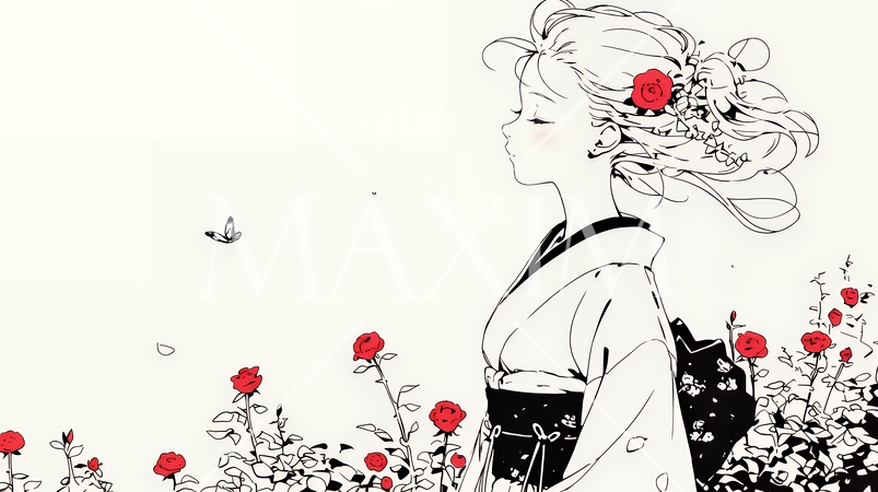 バラ園を散策している若い女性（シンプルな色使い）