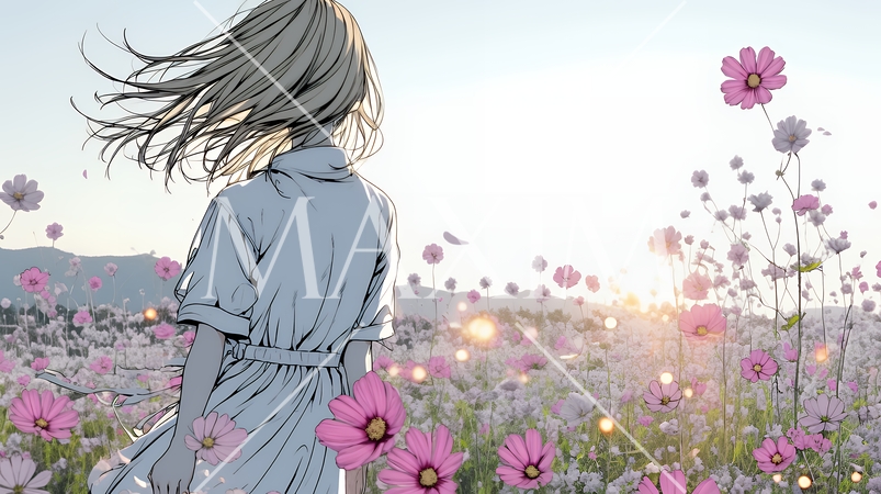 コスモス畑にいる若い女性