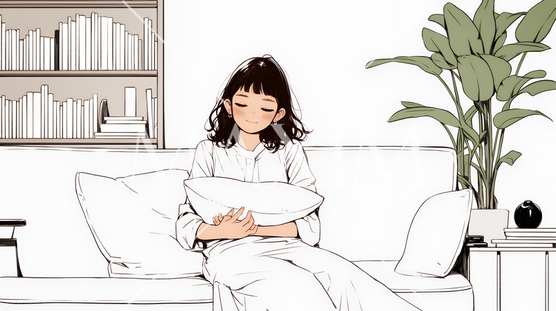 ソファでクッションを抱えてくつろぐ若い女性（シンプルな色使い）