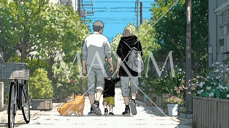 仲の良い家族：父親、母親、その子どもが仲良く連れ立って歩いている