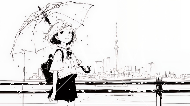 雨の日に傘をさして歩く若い女性（シンプルな色使い）