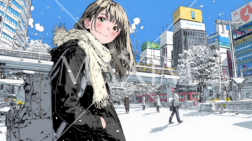 雪の積もる冬の都会を散策している若い女性
