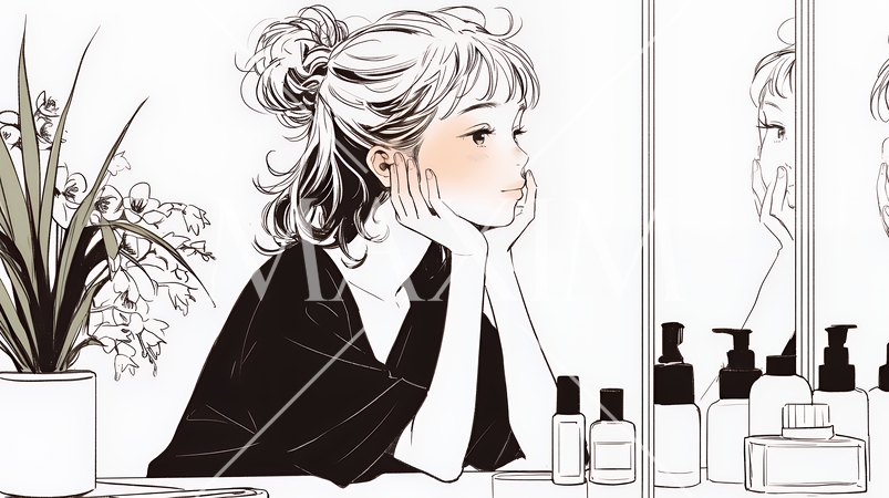 スキンケアを念入りに行う若い女性（シンプルな色使い）