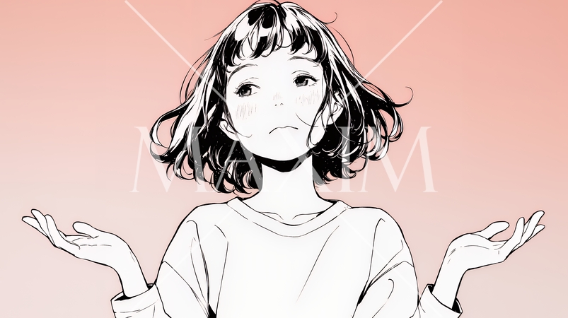 肩をすくめて困惑・諦めの仕草をしている若い女性（シンプルな色使い）