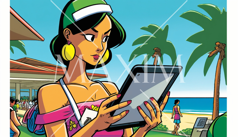 海辺のリゾートに来ているのに仕事のデジタルデバイスを手放せない女性