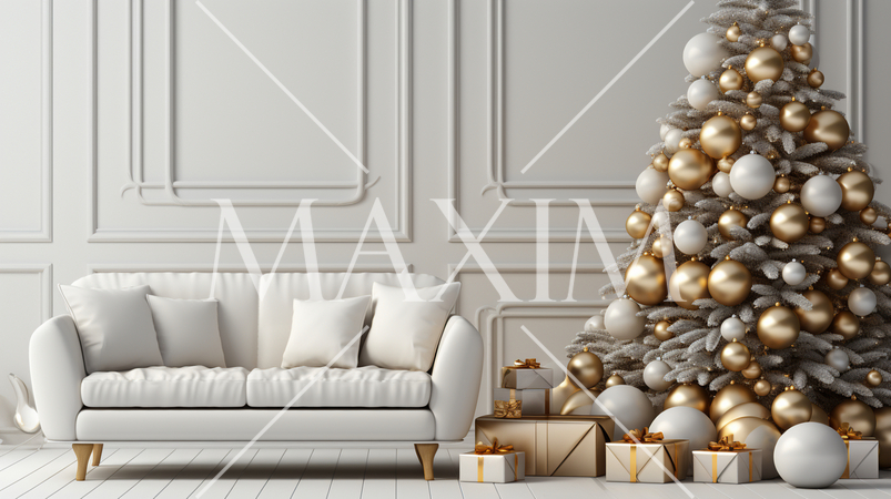 クリスマスツリー飾りのある白基調の居間