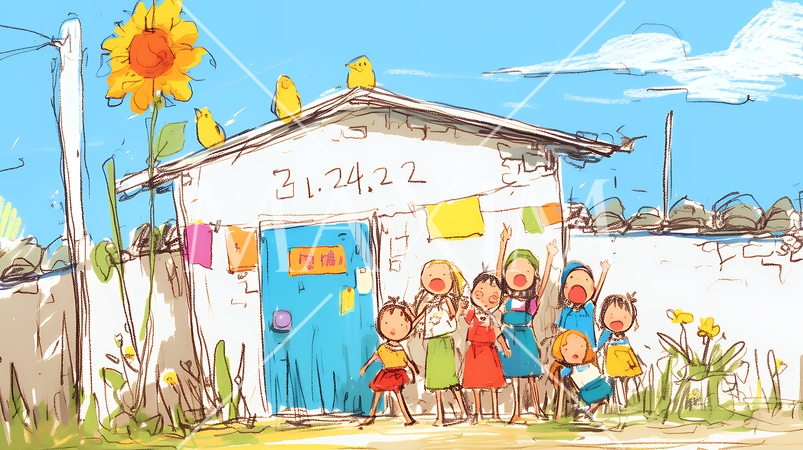 小学生の夏の思い出：みんなで近所の秘境を探検（クレヨン＋水彩画風）