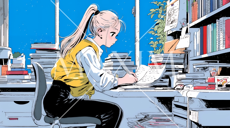 山積みの資料を基に企画を練っている若い女性