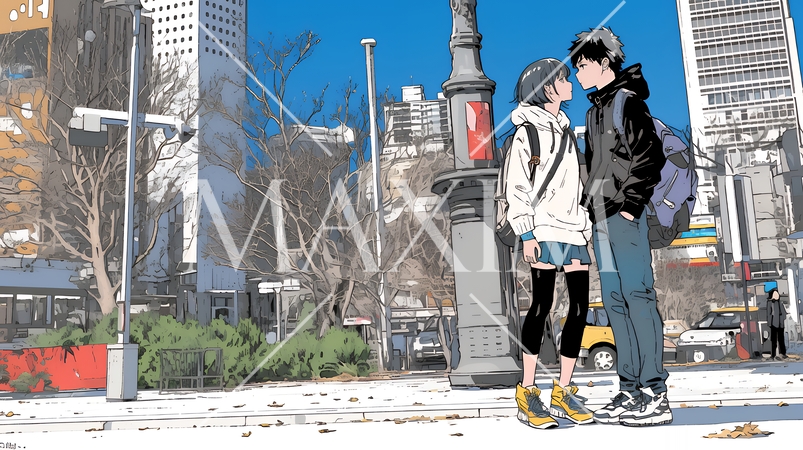 冬枯れ街をデートしている若い恋人たち