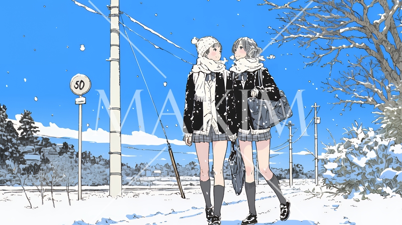 雪の日に友達と通学する女子高生