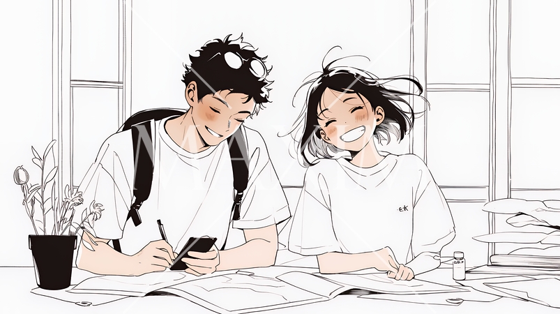 仲良く二人で旅行の計画を立てている若いカップル（シンプルな色使い）