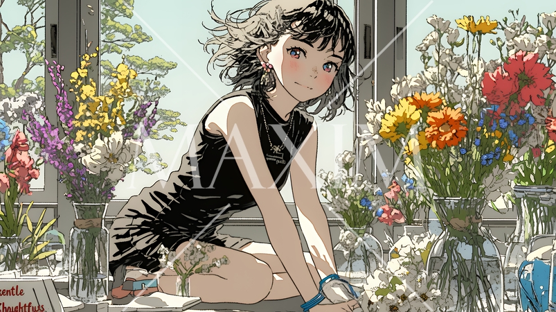 おもてなし（優しい心遣い）：来客のために花瓶に花を生ける若い女性