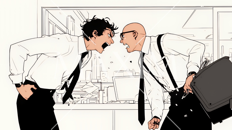 オフィスで言い争いをしているビジネスパーソン（シンプルな色使い）