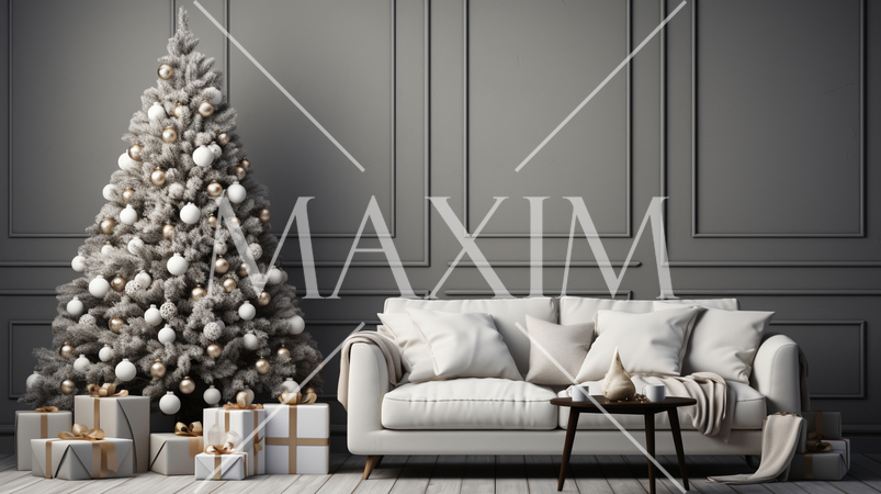 クリスマスツリー飾りのある白基調の居間