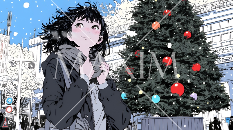 ホワイトクリスマスの街を歩く若い女性