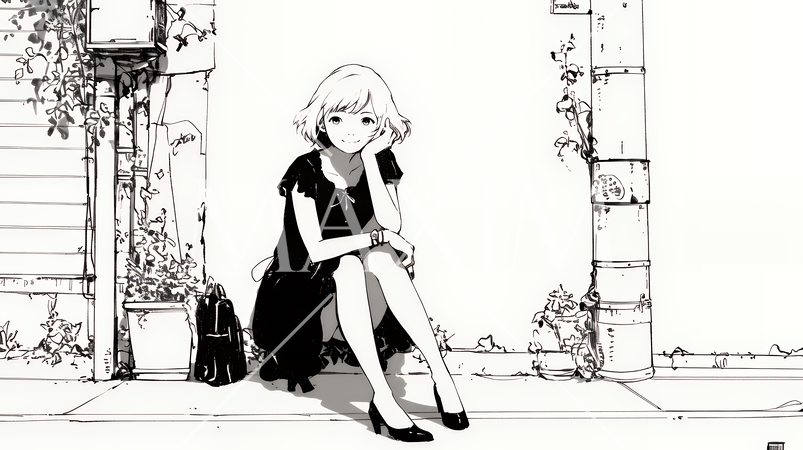 若い女性が佇む都市の街角（シンプルな色使い）