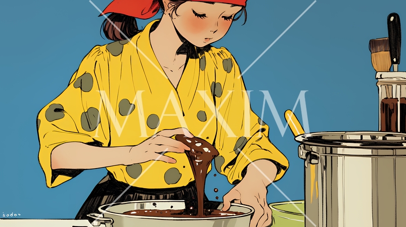 バレンタインプレゼント用のチョコレートを一生懸命作っている若い女性