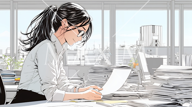オフィスのデスクで、入念に書類をチェックする女性