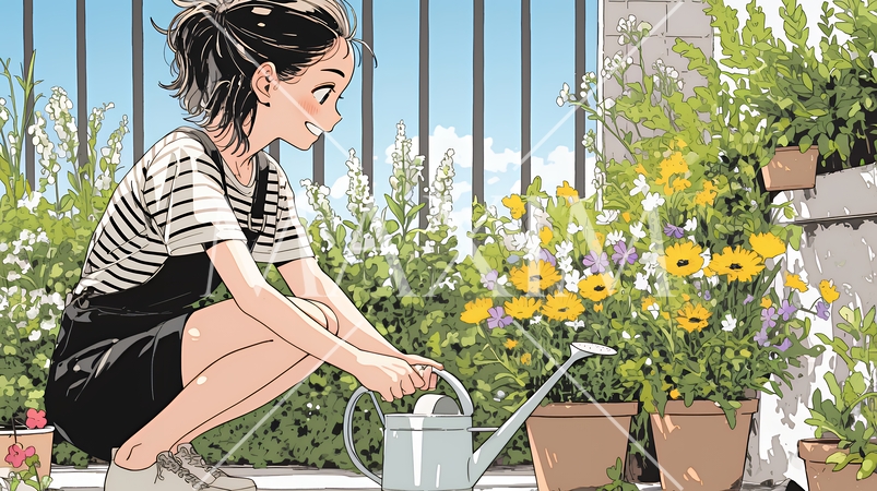 プランターの花に水やりをする若い女性｜ベランダガーデニングと自然を楽しむ爽やかな暮らしシーン