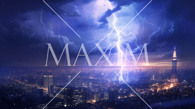 夜の街の落雷-水彩画