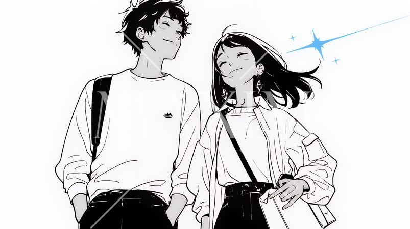 希望に満ちたライフスタイルを過ごす若いカップル：未来を見つめている（シンプルな色使い）