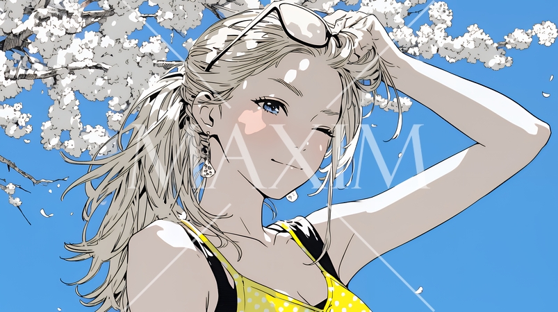 満開の桜の下、春風に乱れた髪を整える若い女性