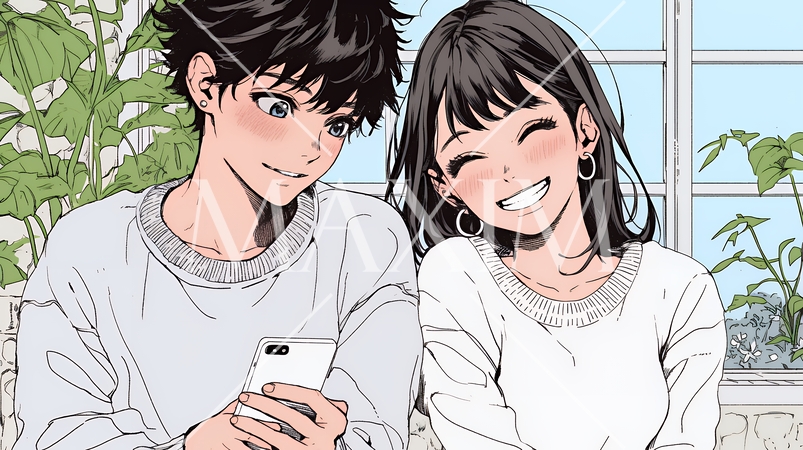 幸せそうに一緒にスマホを見る若いカップル