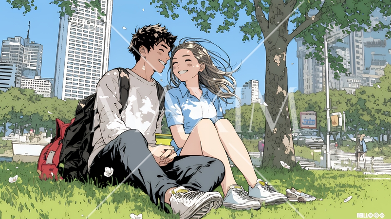 新緑の芝生が広がる都会の公園でくつろぐ若い男女