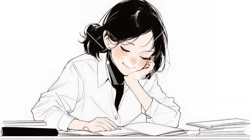 資料を基に企画を練っている女性（シンプルな色使い）