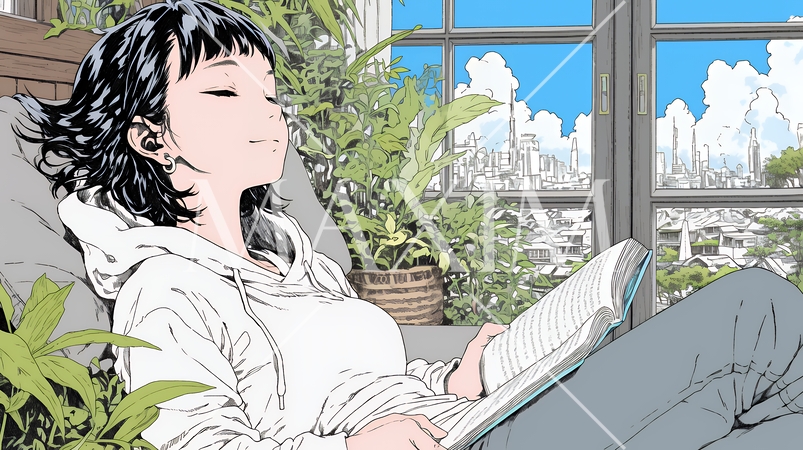 資料（本）を読みながら、うとうと眠ってしまう若い女性