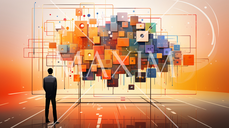 ビッグデータとAI：データ解析、AIが洞察を得る、データセンターの様子。