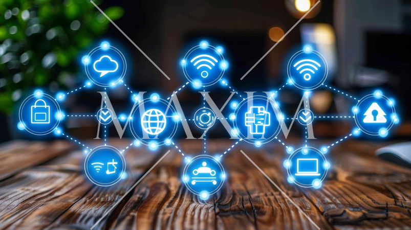 IoTのイメージ：ちょっと古風な木の机の上に通信で接続されたあらゆるものがある