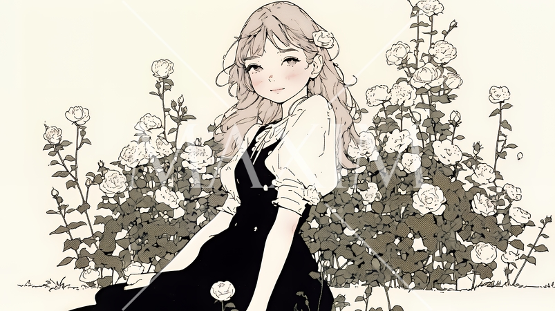 バラ園を散策している若い女性（シンプルな色使い）