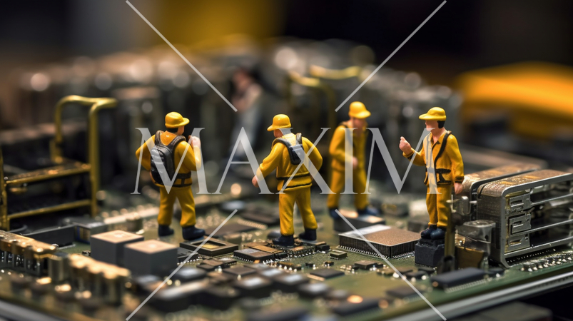 PCの基板の上で一生懸命働いている小人たち