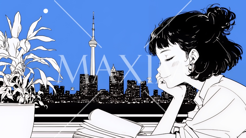 資料（本）を読みながら、うとうと眠ってしまう若い女性（シンプルな色使い）