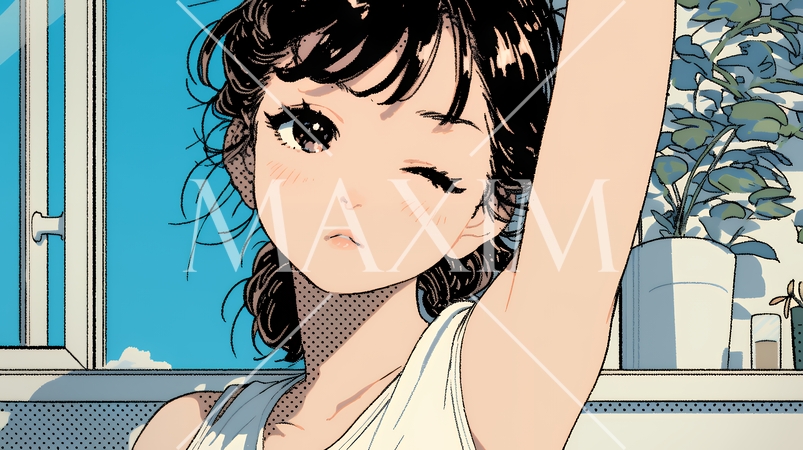 朝の目覚ましを止めて伸びをしている若い女性