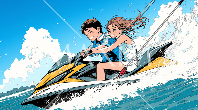 ジェットスキーに乗っている若い女性と男性