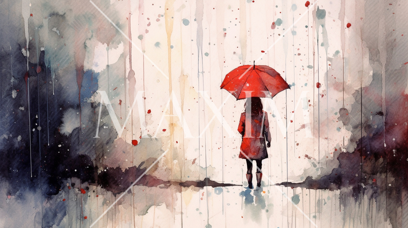 雨降りの公園を傘をさした若い女性が歩いている風景：　水彩画