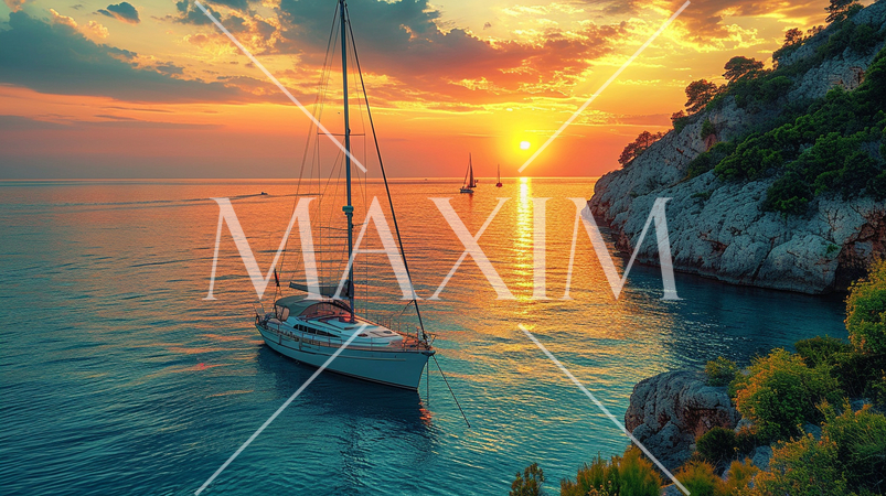 南洋の孤島とヨットと夕日：精緻CG