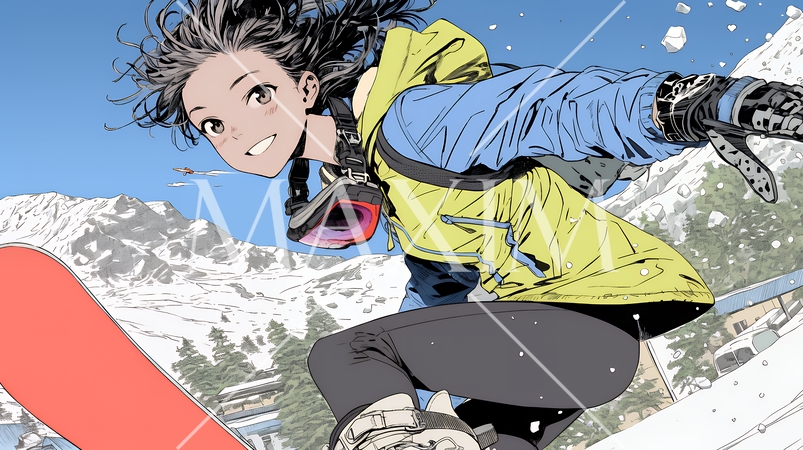 スノーボードを楽しんでいる若い女性